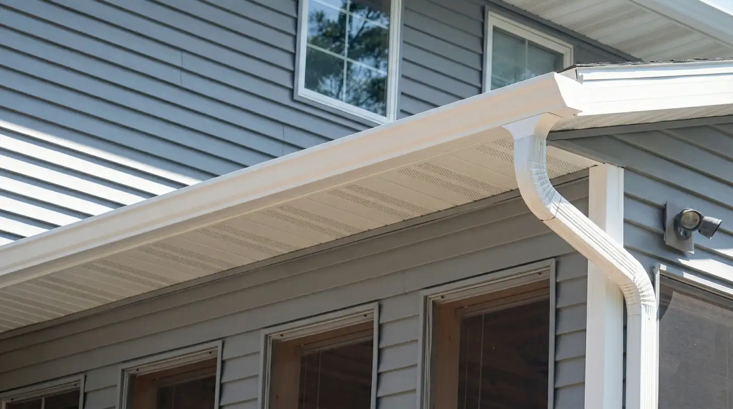 Professional home remodeling project showing newly installed white seamless gutters and downspouts on a house with gray siding in Baltimore, MD