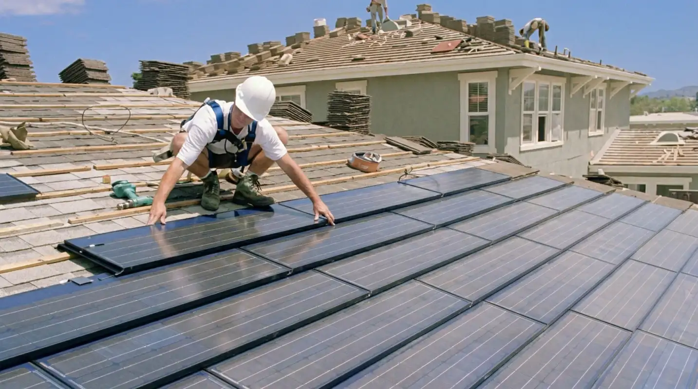 Roof replacement expert installing modern solar shingles on a residential home in Baltimore, MD