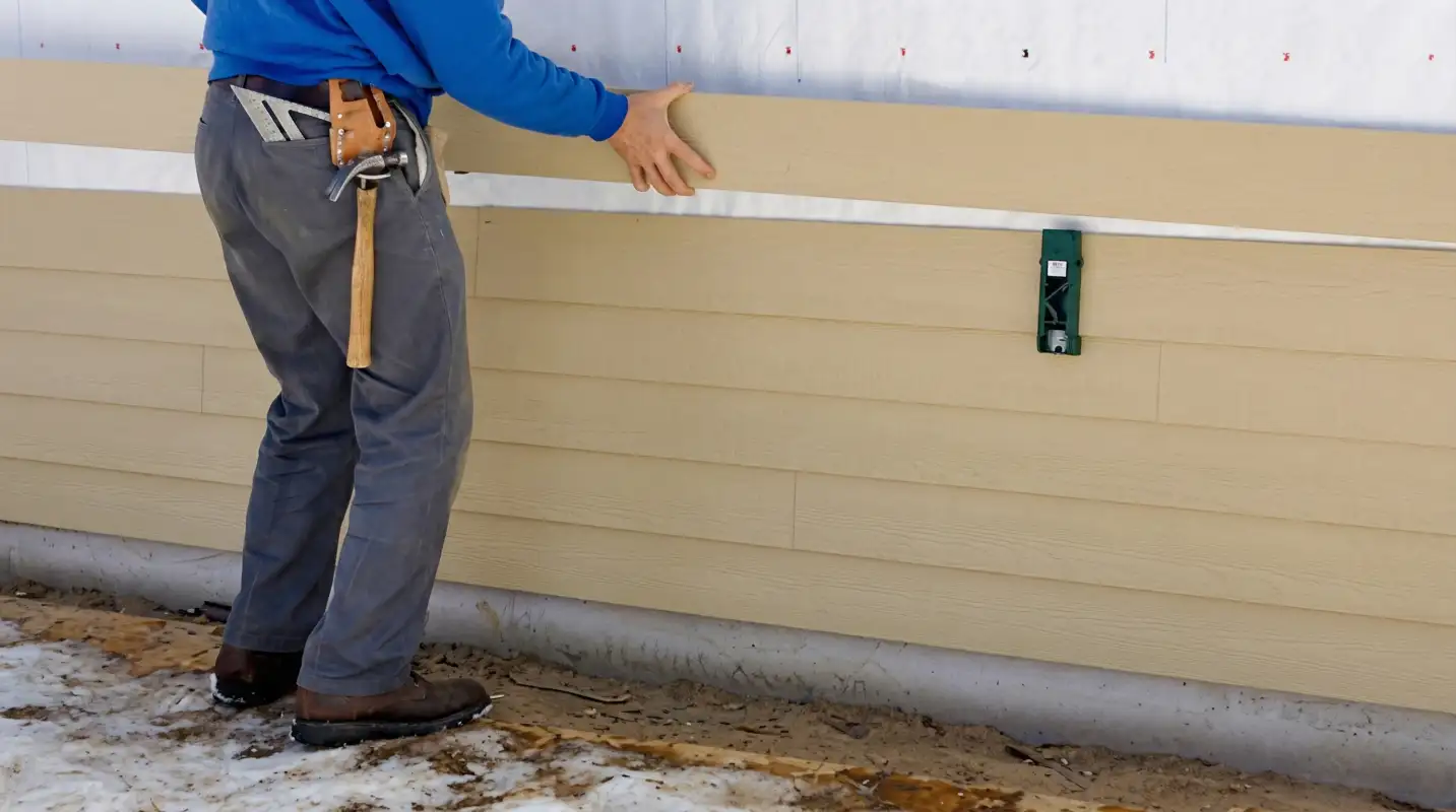 Siding replacement expert carefully aligning a new tan siding panel onto a residential exterior wall in Baltimore, MD