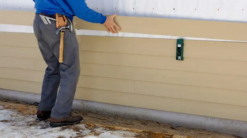 Siding replacement expert carefully aligning a new tan siding panel onto a residential exterior wall in Baltimore, MD