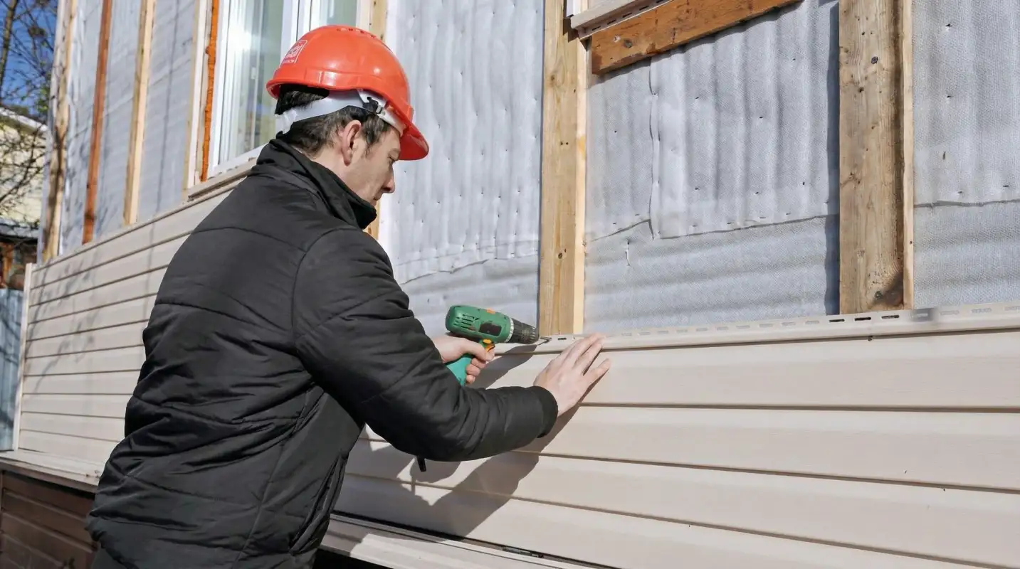 Siding replacement professional using a power drill to install new tan vinyl siding on a home exterior in Baltimore, MD