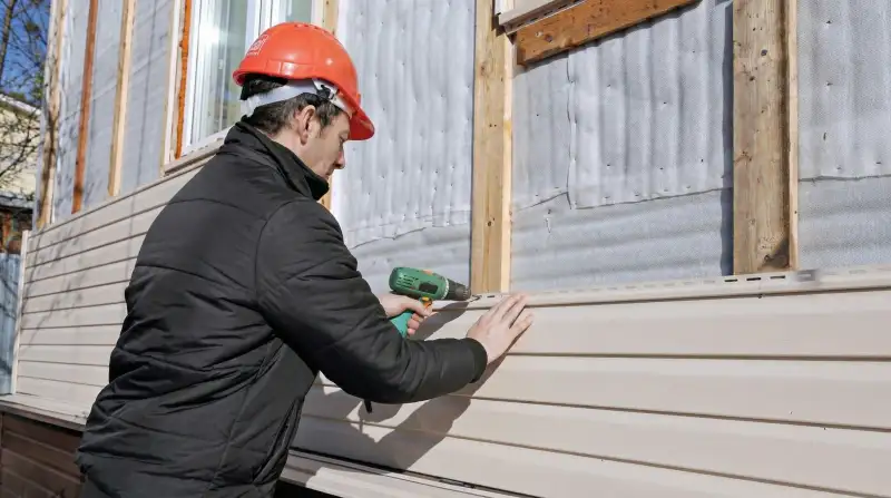 Siding replacement professional using a power drill to install new tan vinyl siding on a home exterior in Baltimore, MD