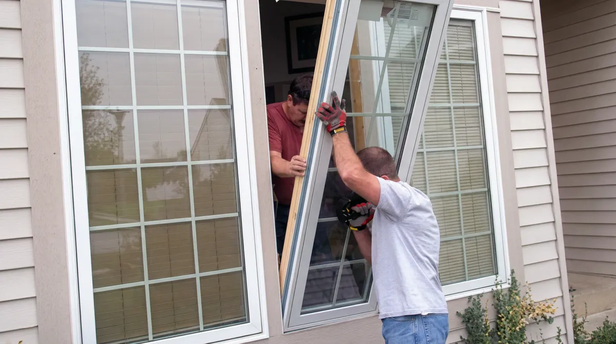 Professional home remodeling team installing a large replacement window on a house with tan siding in Baltimore, MD